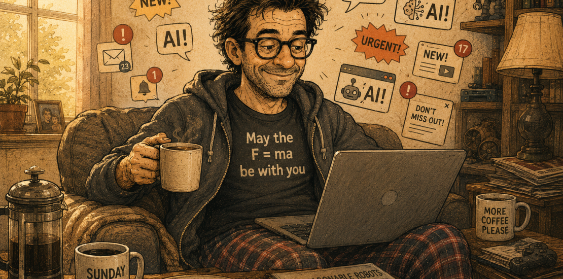 A hand-drawn sepia-toned illustration of a smiling middle-aged man in glasses, an open hoodie and plaid pyjama bottoms, relaxing on a sofa on a Sunday morning with a coffee and a laptop. His t-shirt reads "May the F = ma be with you." A cafetiere and mugs labelled "Sunday Mode" and "More Coffee Please" sit nearby, with a book titled "Reasonable Robots: How Things Actually Work" on the table. Around his head float notification badges, pop-ups and speech bubbles shouting "AI!", "NEW!", "URGENT!" and "Don't miss out!", all of which he calmly ignores while working at his screen.