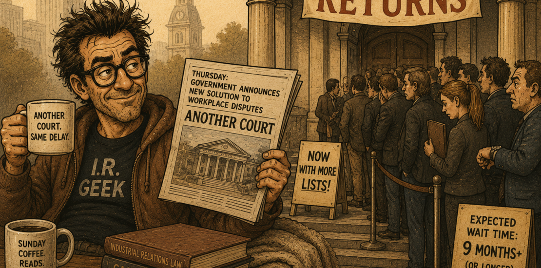 Sepia-toned illustration. A bearded man in glasses and an "I.R. Geek" shirt sits at a table holding a newspaper headlined "Government announces new solution to workplace disputes: Another Court." He holds a mug reading "Another court. Same delay." A second mug on the table reads "Sunday coffee. Reads. Sarcasm." Books beneath it are titled "Industrial Relations Law," "Case Law... Yawn" and "Fed Circuit Court Listings, Volume 742 of ???" Behind him, a queue of people in suits waits outside a courthouse under a banner reading "The Fair Work Court Returns." Sandwich boards read "Now with more lists!" and "Expected wait time: 9 months+ (or longer)."