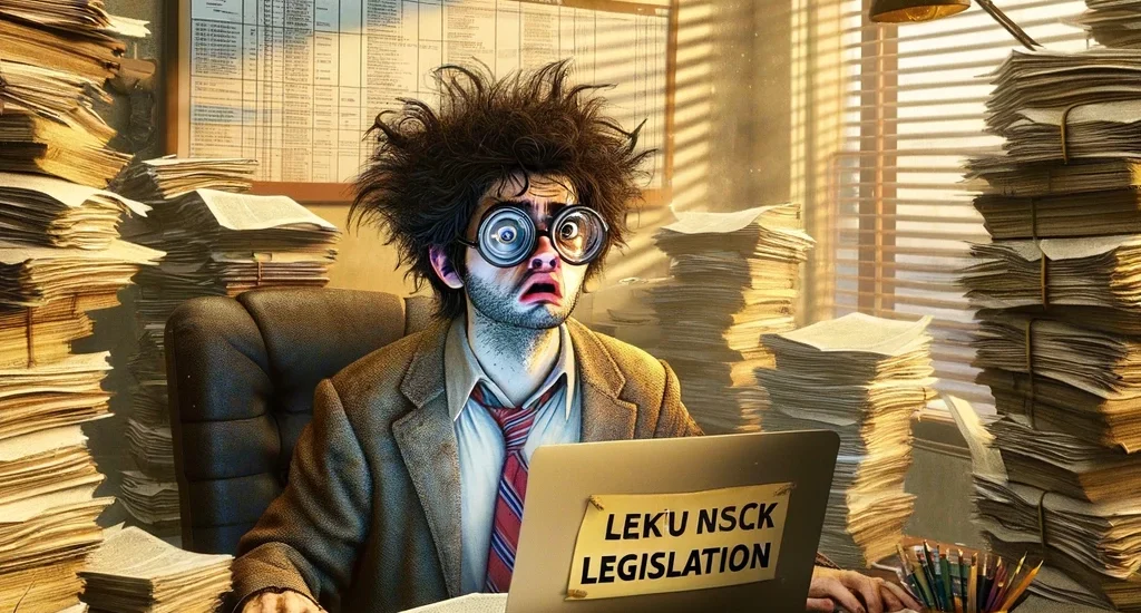 A humorous depiction of a stressed-out Industrial Relations worker surrounded by overwhelming stacks of paperwork, reflecting the struggle to keep up with constant changes in regulations and laws