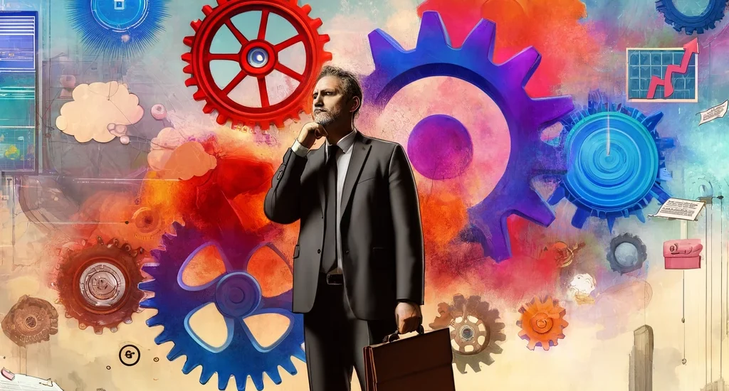 Digital illustration of a technology leader overwhelmed by choices, standing amid floating gears and documents in a chaotic tech-themed landscape, symbolizing decision paralysis