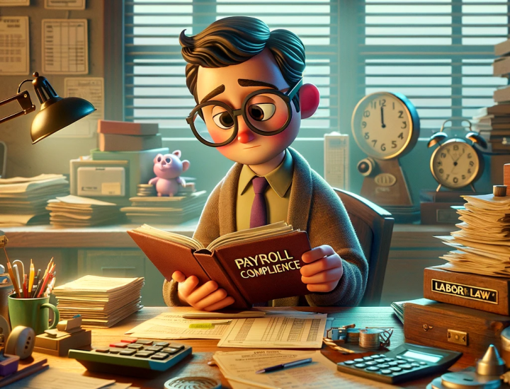 Illustrated image of an animated HR manager with glasses reading a payroll compliance book at a desk cluttered with labor law documents, a calculator, and personal touches in a warmly lit office at night