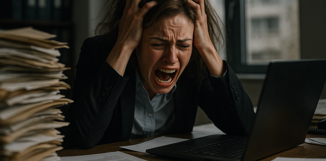 Stressed office worker screaming at her desk, clutching her head in frustration between piles of paperwork and an open laptop.