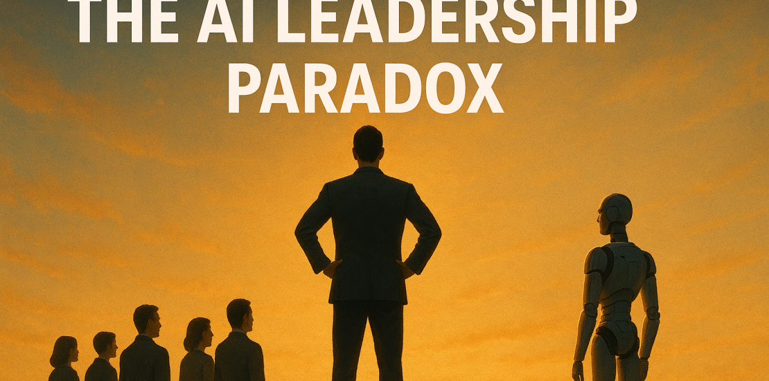 Silhouetted business leader facing a humanoid robot at sunrise, with a team standing behind; large text reads “The AI Leadership Paradox.”