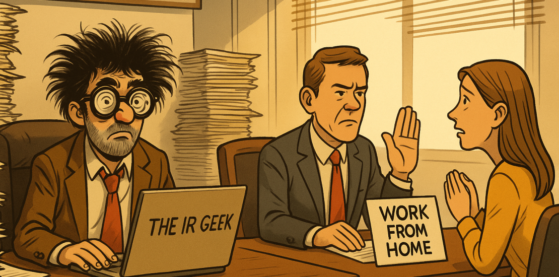 Manager declines an employee’s work-from-home request while the IR Geek observes in an Industrial Relations office.
