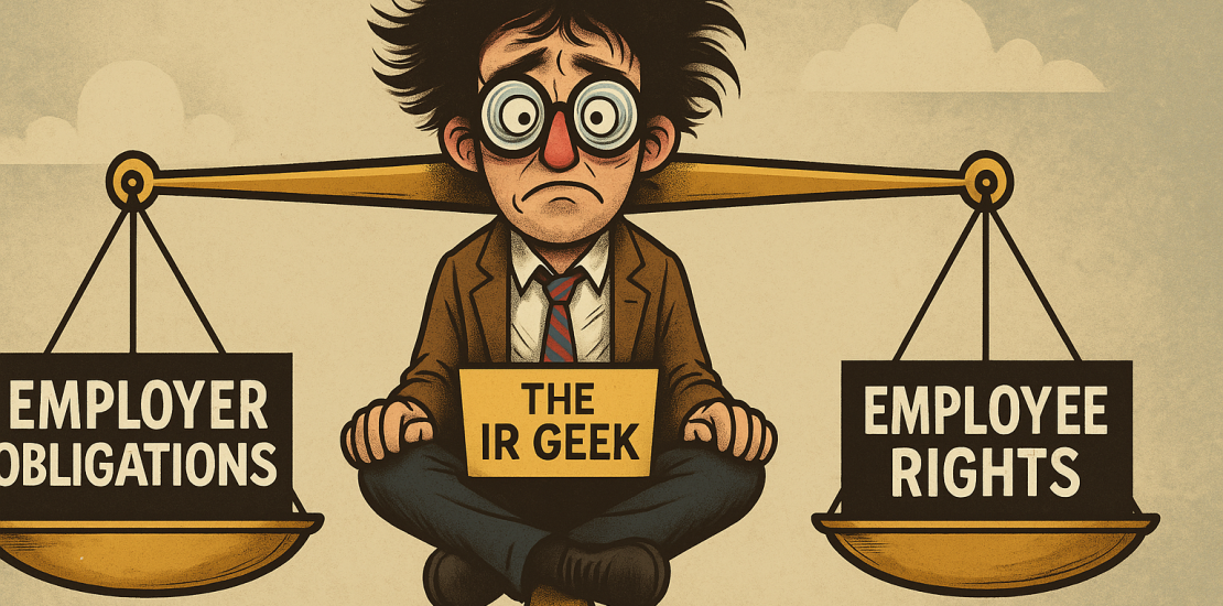 Cartoon “IR Geek” sits cross-legged on a gold balance scale between “Employer Obligations” and “Employee Rights.”