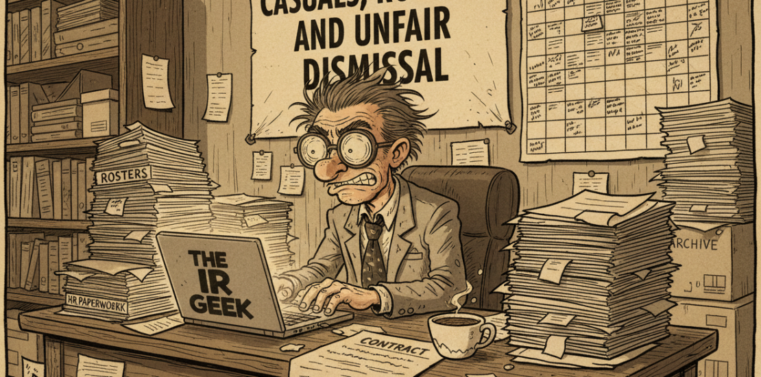 Cartoon illustration of a wild-haired, bespectacled “IR Geek” character in a suit, sitting at a cluttered desk piled with rosters, HR paperwork, and a faded “NO EXPECTATION” contract. The character looks alert and frazzled, typing on a laptop labeled “THE IR GEEK.” Behind them, a wall poster reads “CASUALS, ROSTERS AND UNFAIR DISMISSAL,” with a background calendar and roster grid. The image uses a warm, sepia-toned palette.