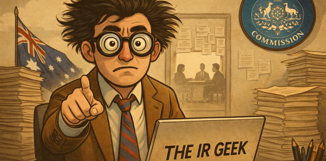Illustration of the IR Geek, a cartoon workplace law commentator with messy hair and glasses, pointing from behind a desk piled with legal papers, with Fair Work Commission imagery in the background.