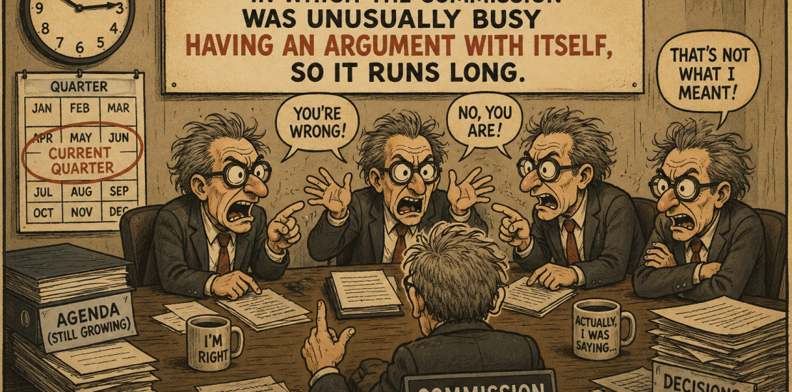 Vintage-style cartoon of Fair Work Commission members arguing around a boardroom table piled high with draft decisions and paperwork, a clock and calendar on the wall marking the quarter.