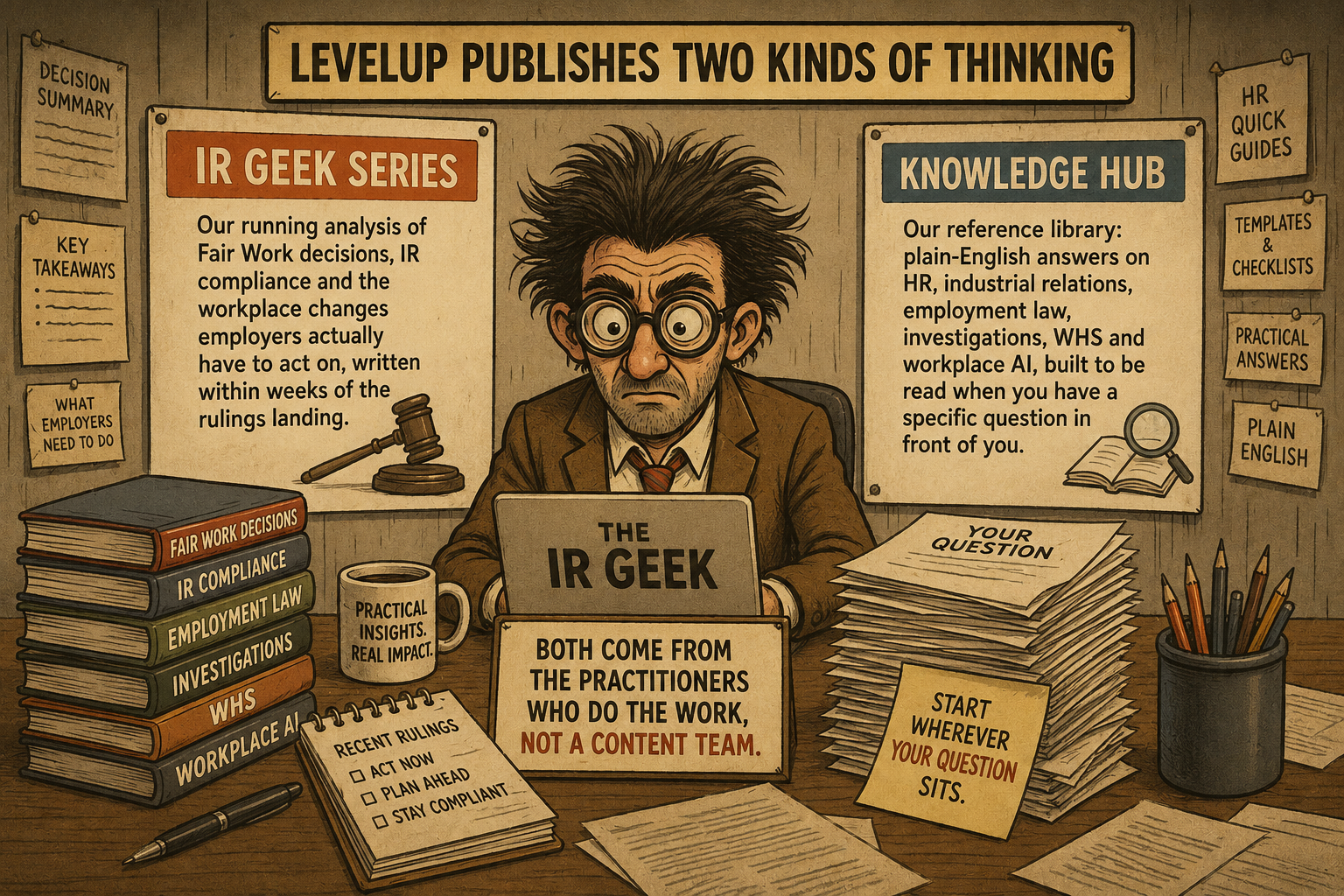 Illustration showing LevelUp's IR Geek series and Knowledge Hub resources.
