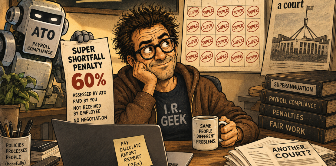 IR Geek illustration explaining Payday Super, with the ATO assessing payroll, a 60% super shortfall penalty and 26 payday super obligations each year