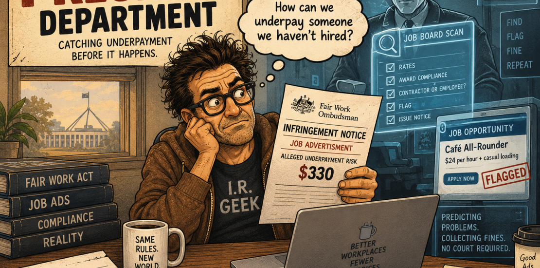 IR Geek illustration showing the Fair Work Ombudsman scanning job advertisements for below-award pay rates and issuing infringement notices before a worker is hired.